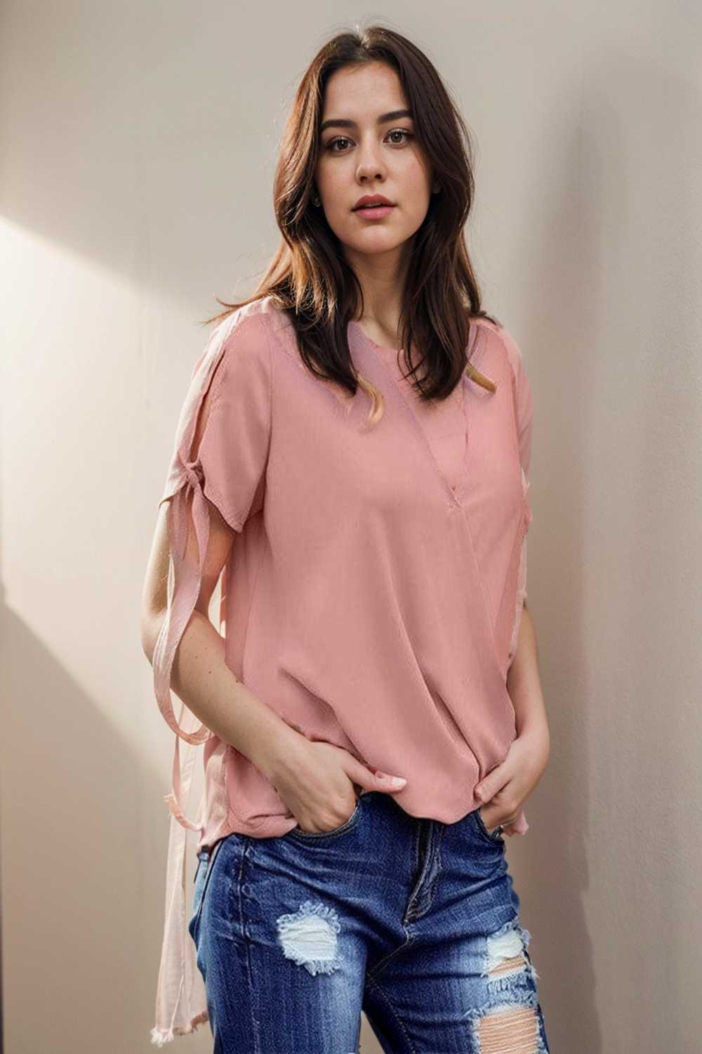 women s blouses loose solid belted long sleeve blouse 111341