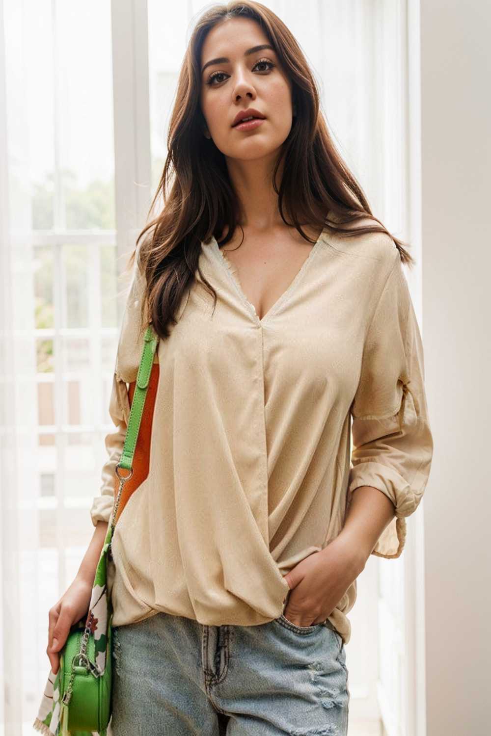 women s blouses loose solid belted long sleeve blouse 111330