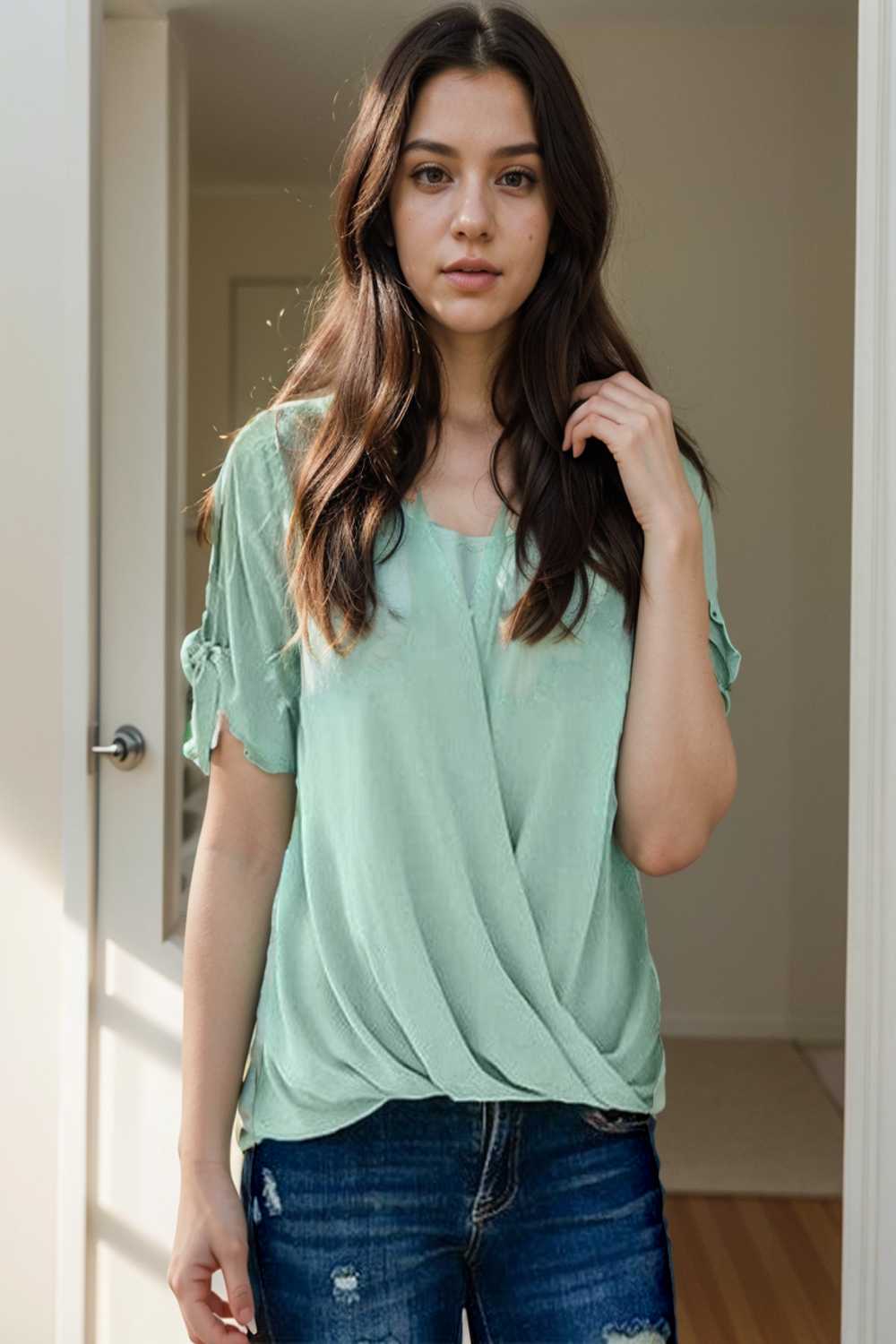 women s blouses loose solid belted long sleeve blouse 109274