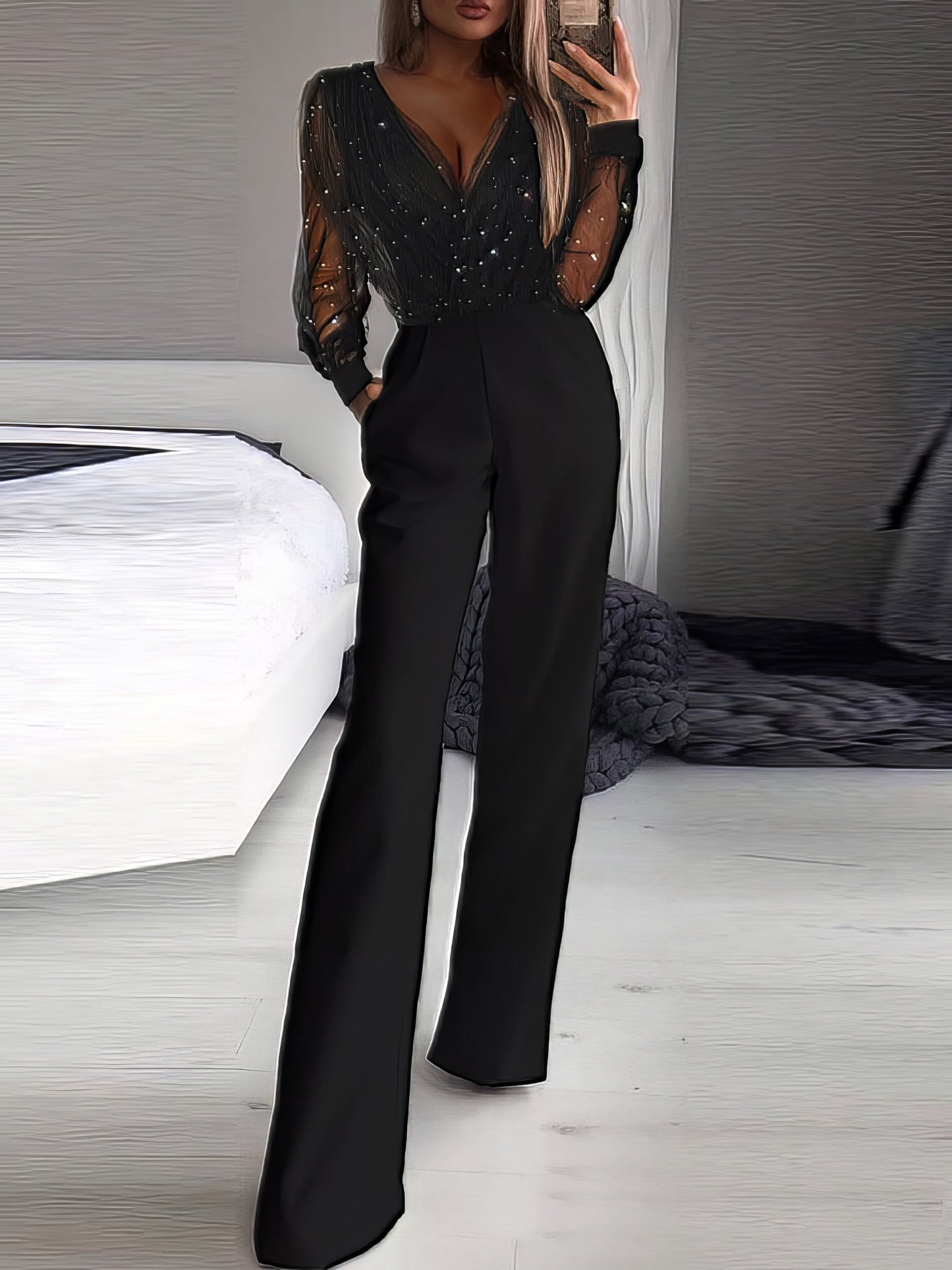 Jumpsuits - V-Neck Mesh Stitching Long Sleeve Jumpsuit - MsDressly
