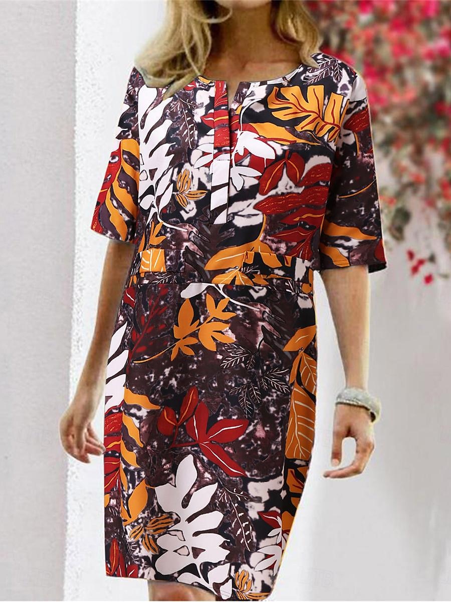 Women's Casual Dress Shift Dress Leaf Print Crew Neck Mini Dress Vacation Short Sleeve Summer