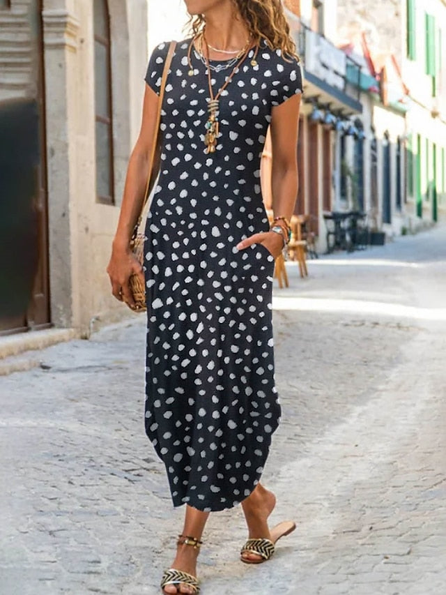 Women's Long Dress Maxi Dress Casual Dress Shift Dress Summer Dress Floral Geometric Feather Fashion Streetwear Outdoor Daily Going out Pocket Split Short Sleeve Crew Neck Dress Regular Fit Black - LuckyFash™