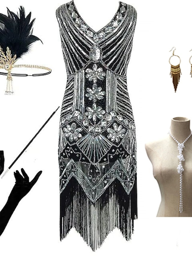 The Great Gatsby Charleston Plus Size Roaring 20s 1920s Cocktail Dress Vintage Dress Flapper Dress Prom Dress Prom Dresses Women's Feather Costume Vintage Cosplay 1 Necklace New Year - LuckyFash™