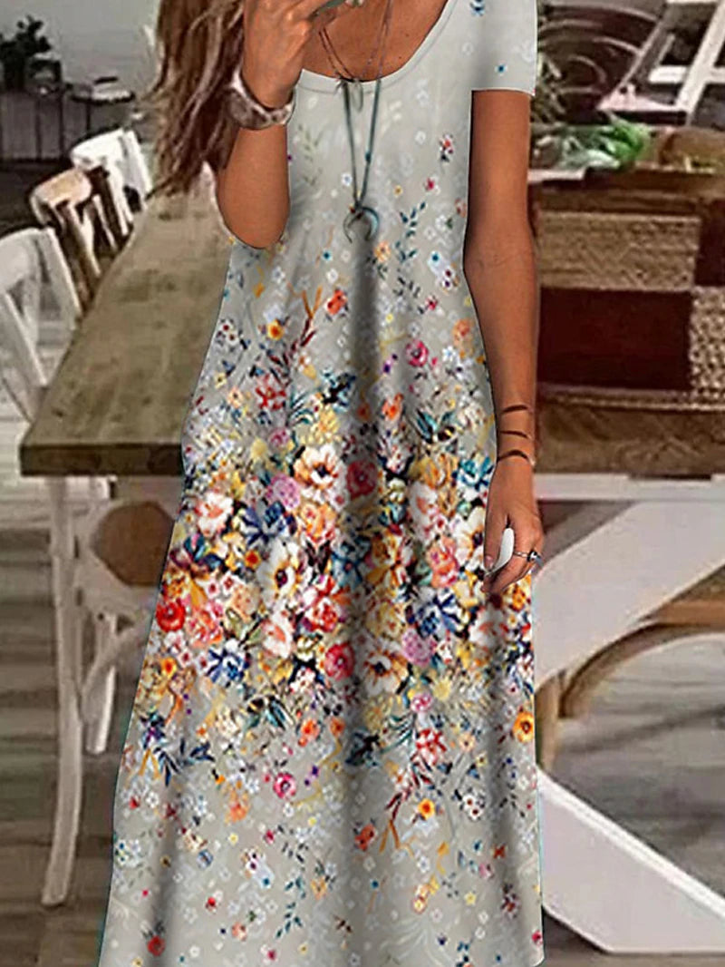 Women's Casual Dress Shift Dress Floral Print V Neck Maxi long Dress Elegant Daily Short Sleeve Summer Spring