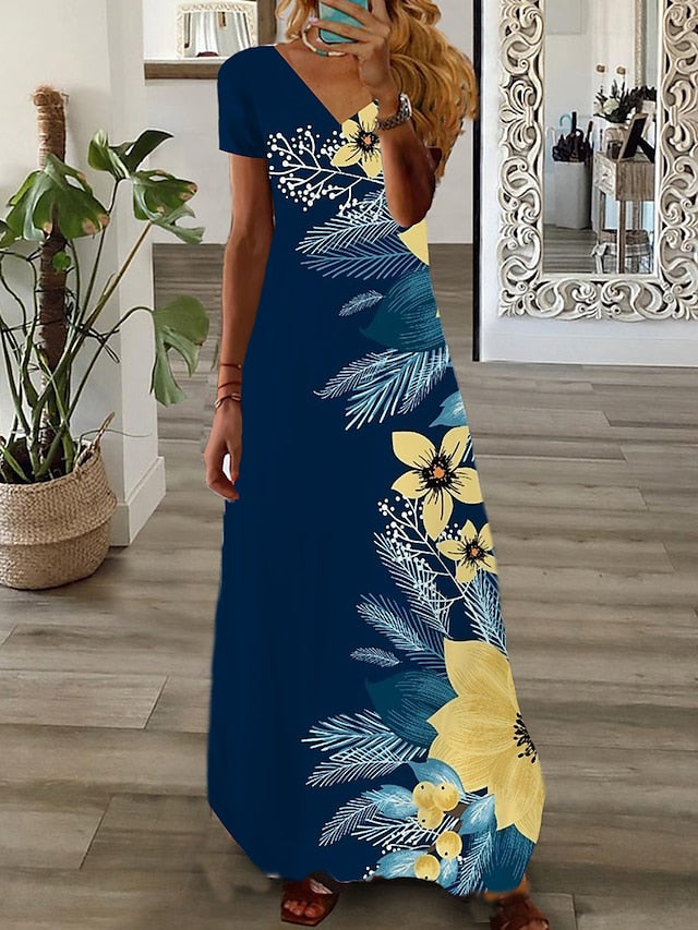 Women's Long Dress Maxi Dress Casual Dress Print Dress Graphic Floral Fashion Modern Daily Holiday Vacation Short Sleeve V Neck Dress Regular Fit White Pink Wine Summer Spring S M L XL 2XL 3XL 4XL 5XL - LuckyFash™