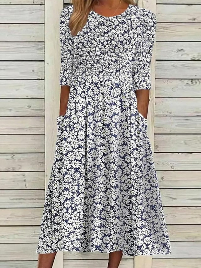 Women's Casual Dress Floral Dress Summer Dress Floral Ruched Pocket Crew Neck Midi Dress Fashion Modern Outdoor Daily Half Sleeve Regular Fit White Blue Green Summer Spring S M L XL XXL - LuckyFash™