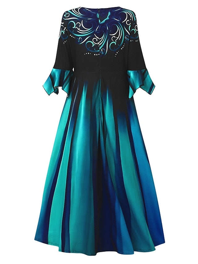 Women's Dress - Casual Dress Summer Dress Print Dress Stripe Ombre Pleated Print V Neck Midi Dress Fashion Classic Outdoor Daily 3/4 Length Sleeve Regular Fit Purple Green Dark Blue Summer Spring S M L XL XXL