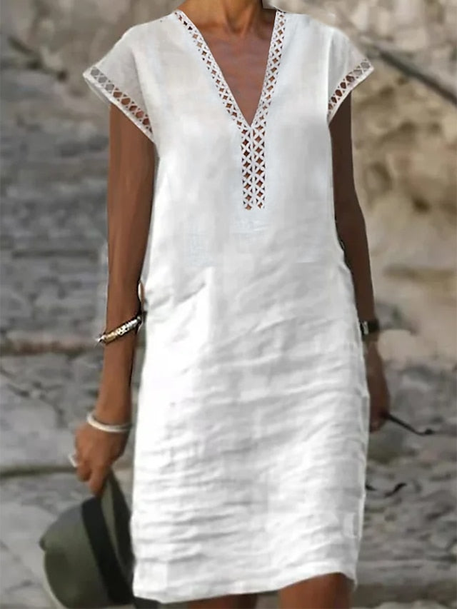 Women's Cotton Linen Dress Casual Dress Shift Dress Midi Dress Cotton Fashion Modern Outdoor Daily Vacation V Neck Cut Out Short Sleeve Summer Spring 2023 Regular Fit White Blue Green Plain S M L XL - LuckyFash™