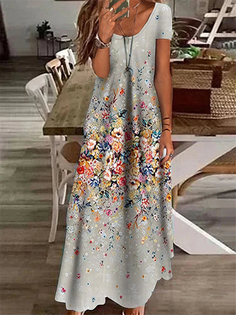 Women's Casual Dress Shift Dress Floral Print V Neck Maxi long Dress Elegant Daily Short Sleeve Summer Spring