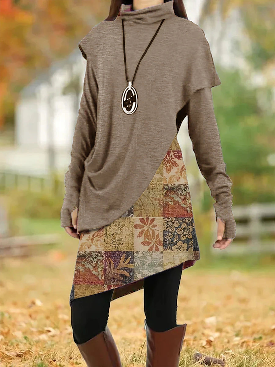 Women's Casual Dress Shift Dress Floral Leaf Patchwork Cowl Neck Mini Dress Vintage Ethnic Daily Long Sleeve Fall Winter