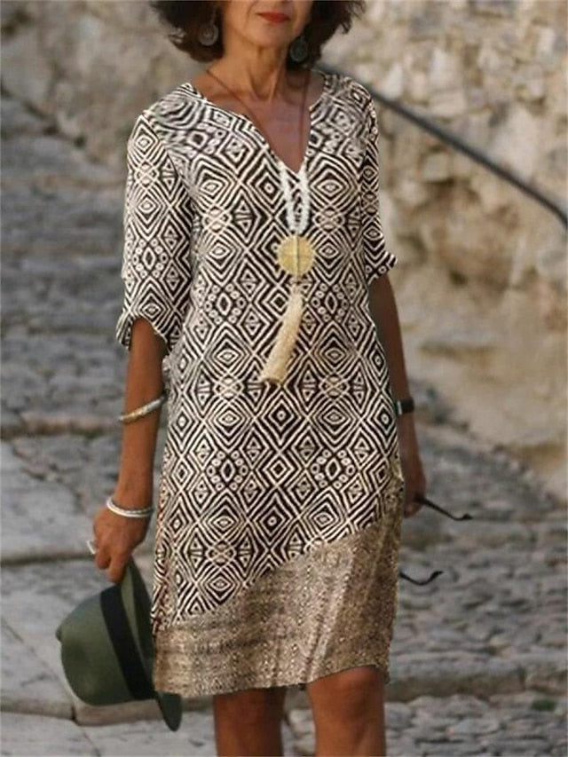 Women's Casual Dress Shift Dress Midi Dress fluorescent yellow khaki Half Sleeve Abstract Print Summer Spring V Neck Vintage 2023 S M L XL XXL XXXL 4XL 5XL