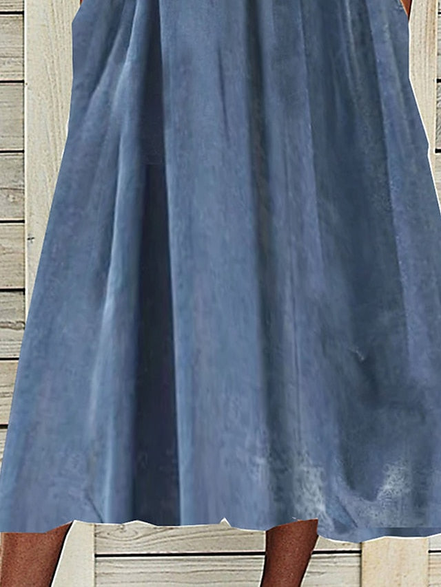 Women's Casual Dress Cotton Linen Dress Swing Dress Midi Dress Cotton Blend Fashion Basic Outdoor Daily Vacation Split Neck Button Pocket Short Sleeve Summer Spring 2023 Regular Fit Blue Plain S M L - LuckyFash™