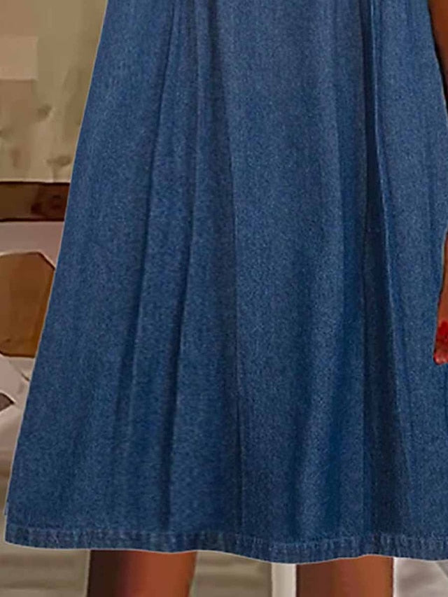 Women's Denim Dress Casual Dress Midi Dress Denim Basic Modern Outdoor Daily Crew Neck Button Short Sleeve Summer Spring 2023 Loose Fit Blue Plain S M L XL 2XL - LuckyFash™