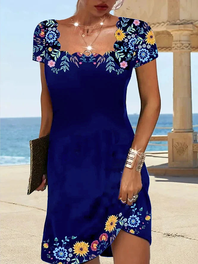 Women's Casual Dress Shift Dress Floral Ruched Print Square Neck Mini Dress Daily Vacation Short Sleeve Summer Spring