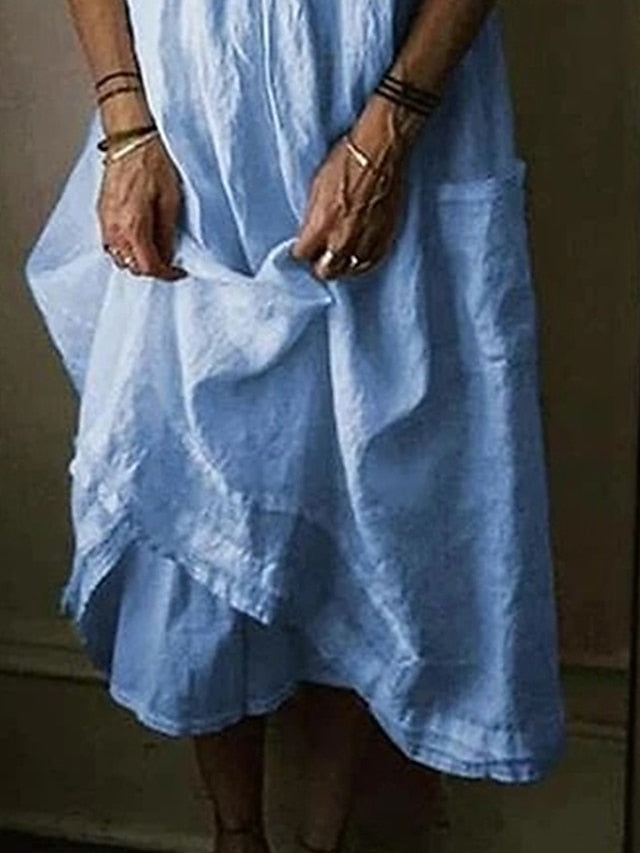 Women's Cotton Linen Dress Casual Dress Maxi long Dress Cotton Basic Casual Outdoor Daily Vacation Crew Neck Pocket Half Sleeve Summer Spring 2023 Loose Fit Black Yellow Blue Plain S M L XL 2XL - LuckyFash™