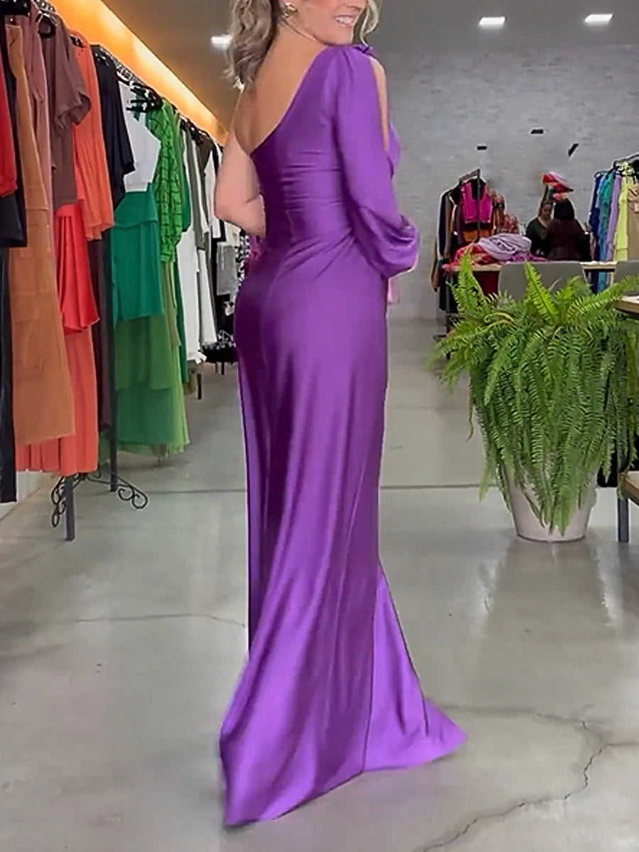 Women's Black Dress Prom Dress Party Dress Ruched Split One Shoulder Long Sleeve Purple Spring Winter