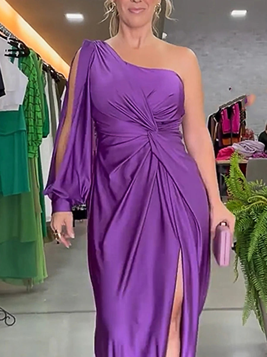 Women's Black Dress Prom Dress Party Dress Ruched Split One Shoulder Long Sleeve Purple Spring Winter