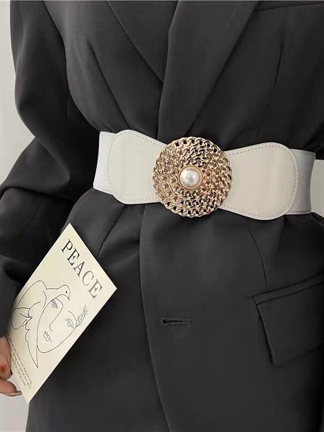 round buckle chain elastic elastic girdle female outer suit dress pearl disc black retro belt - LuckyFash™