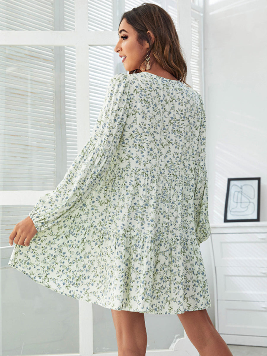Dresses V-Neck Floral Printed Long Sleeve Button Casual Loose Mini Dress - LuckyFash™