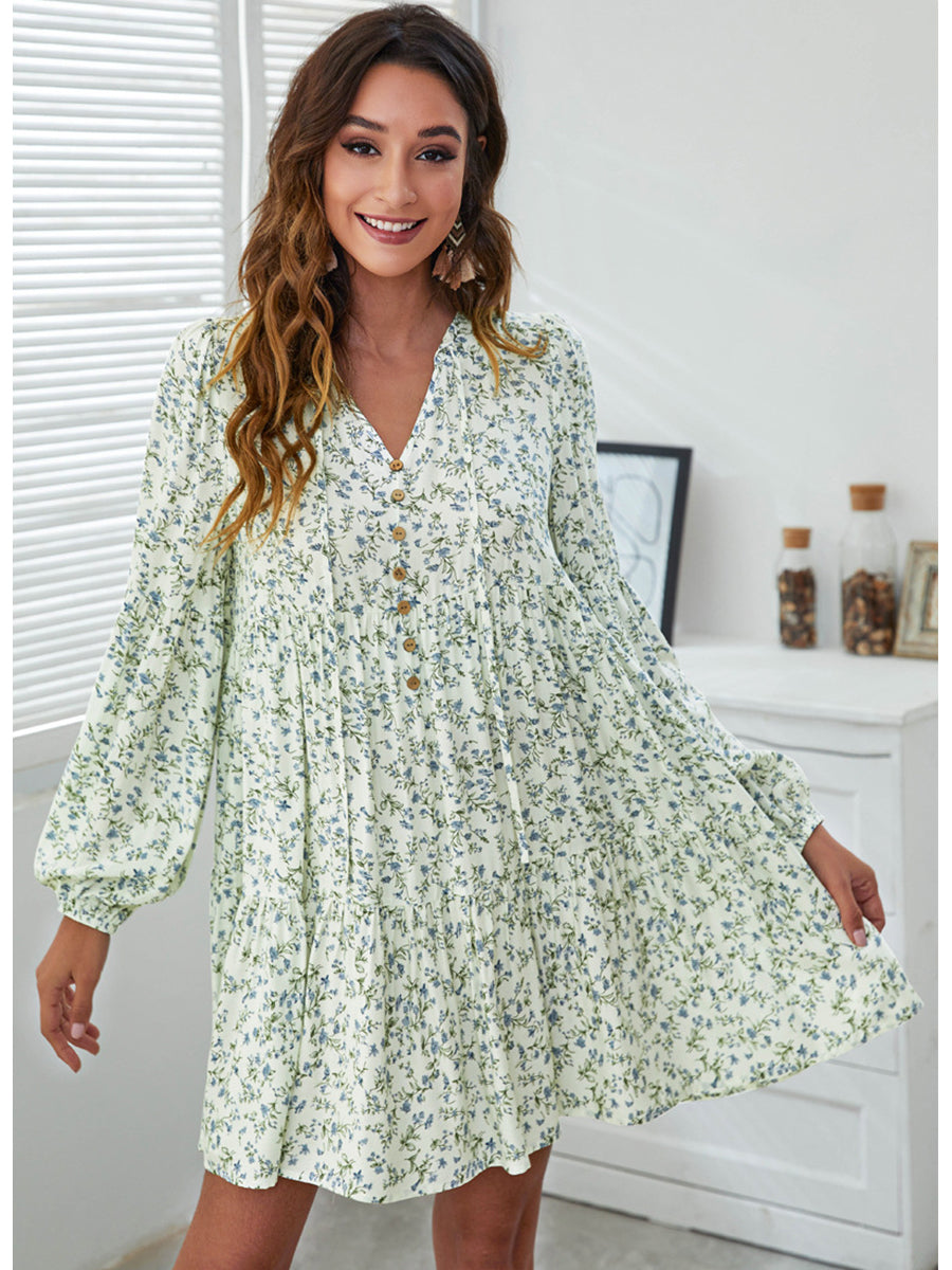 Dresses V-Neck Floral Printed Long Sleeve Button Casual Loose Mini Dress - LuckyFash™