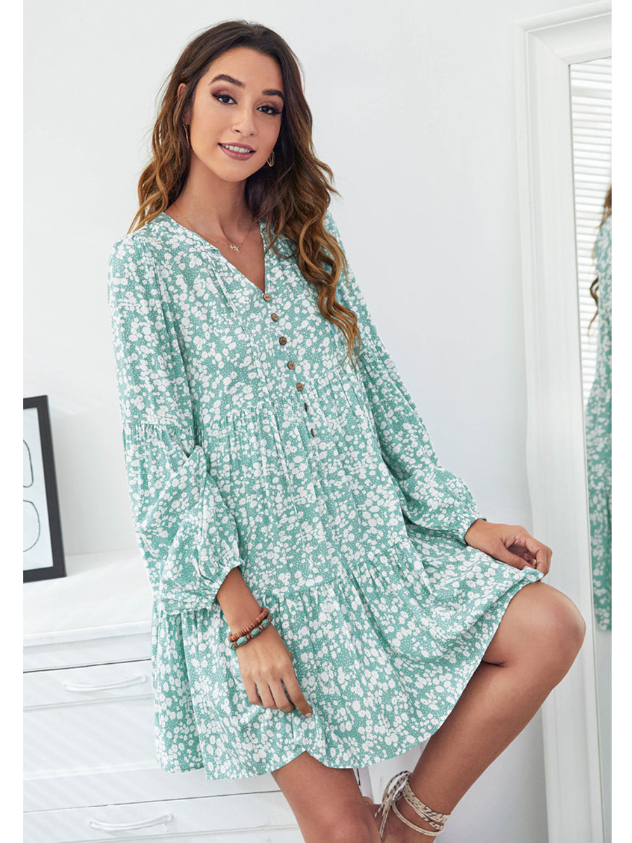 Dresses V-Neck Floral Printed Long Sleeve Button Casual Loose Mini Dress - LuckyFash™