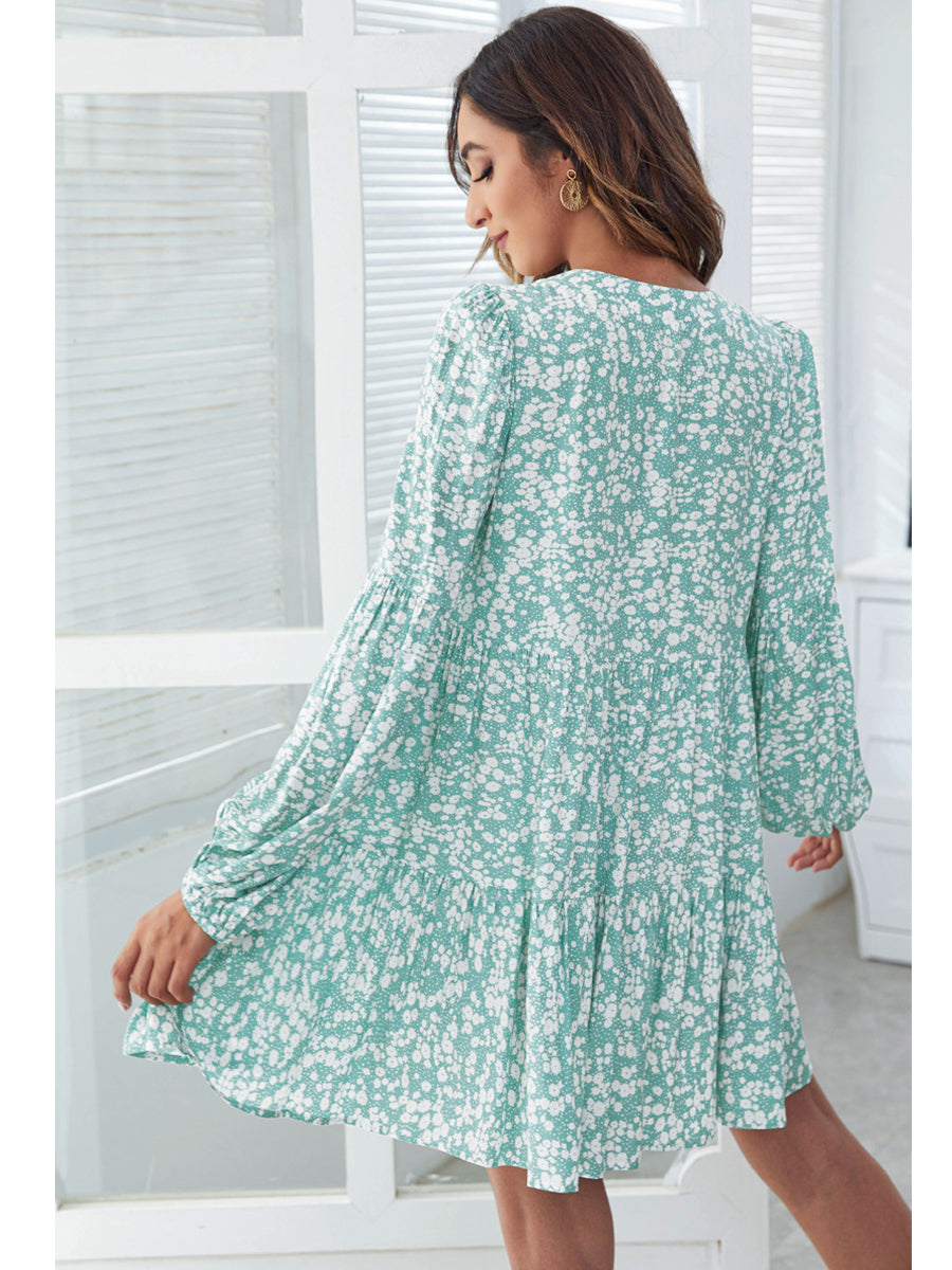 Dresses V-Neck Floral Printed Long Sleeve Button Casual Loose Mini Dress - LuckyFash™