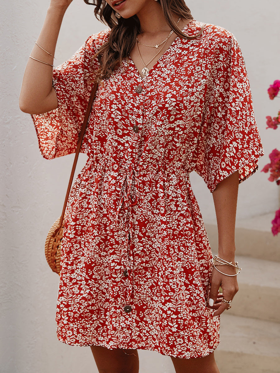 Dresses V-Neck Single-Breasted Button Printed Pattern Floral Mini Dress - LuckyFash™