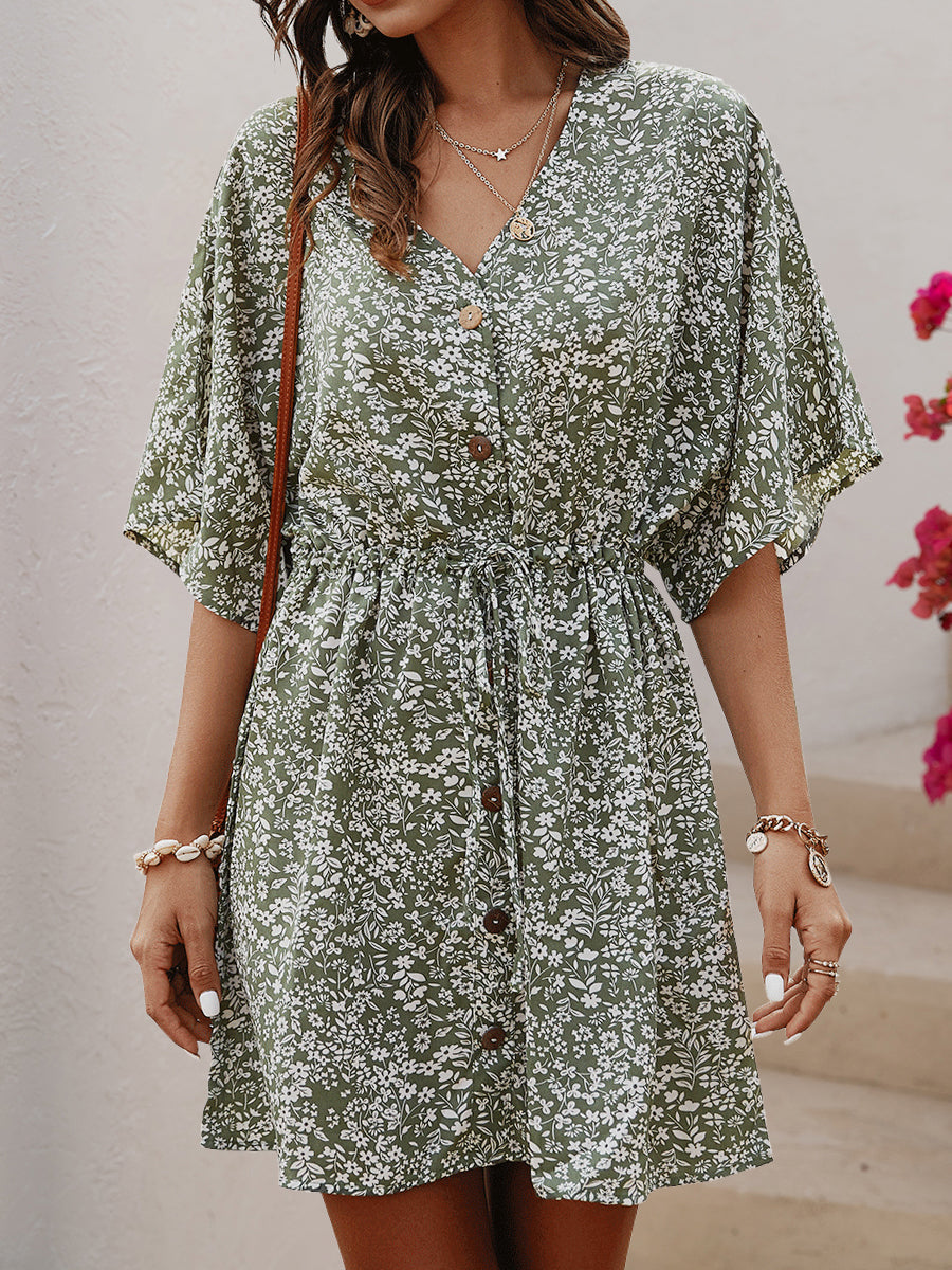 Dresses V-Neck Single-Breasted Button Printed Pattern Floral Mini Dress - LuckyFash™