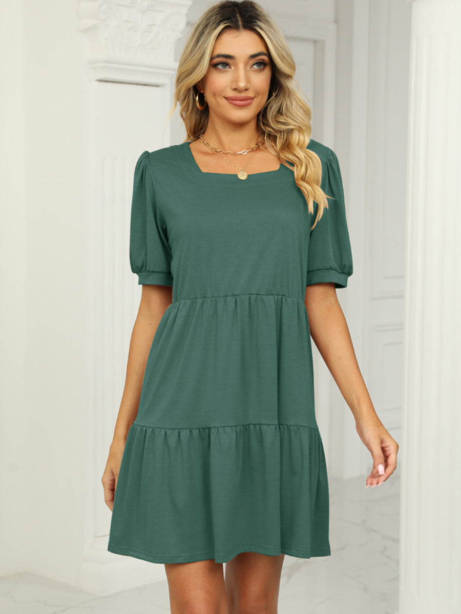 Dresses Solid Color Square Neck Short Sleeve Loose Stitching Mini Dress - LuckyFash™