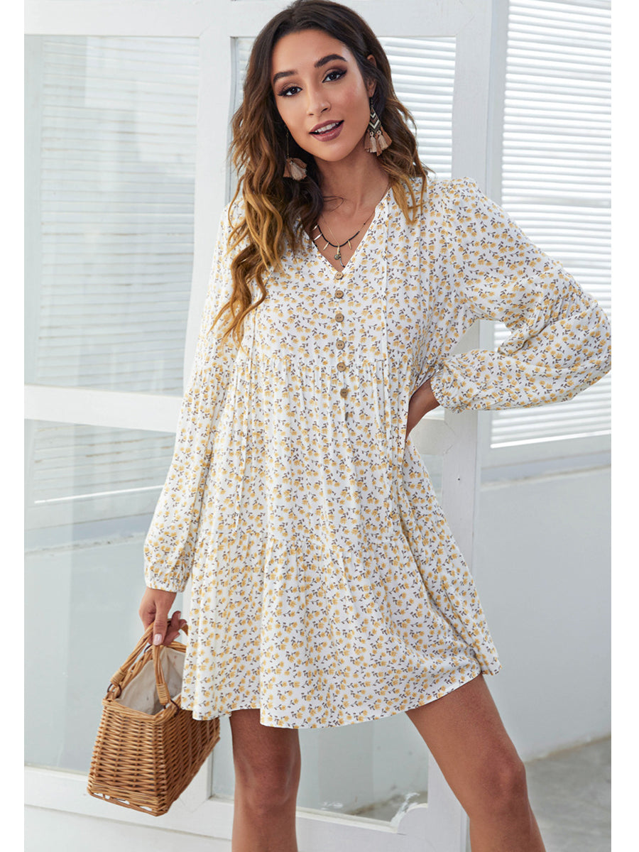 Dresses V-Neck Floral Printed Long Sleeve Button Casual Loose Mini Dress - LuckyFash™