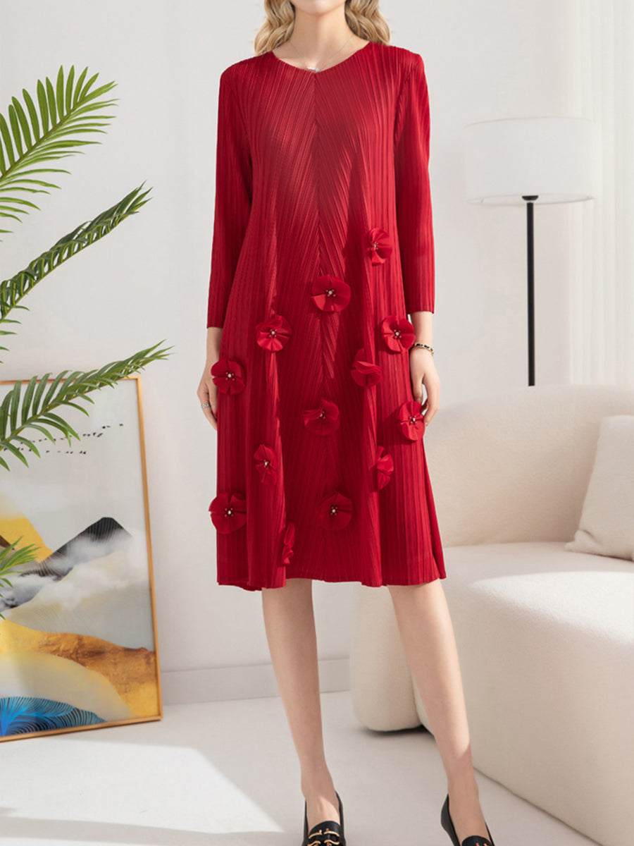 Dresses Pleated Solid Color V-Neck Nail Flower Loose Mid-length Midi Dress - LuckyFash™