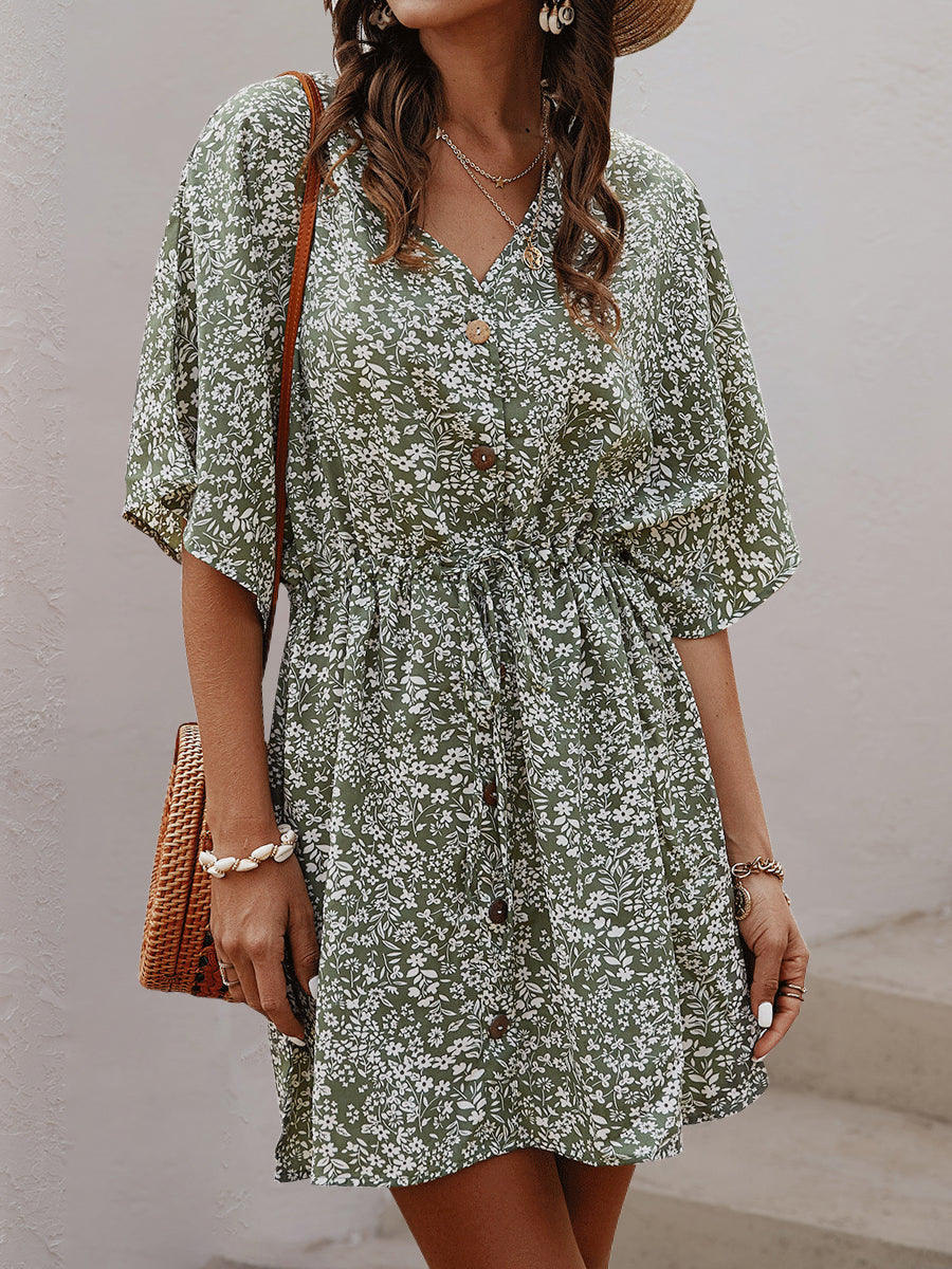 Dresses V-Neck Single-Breasted Button Printed Pattern Floral Mini Dress - LuckyFash™