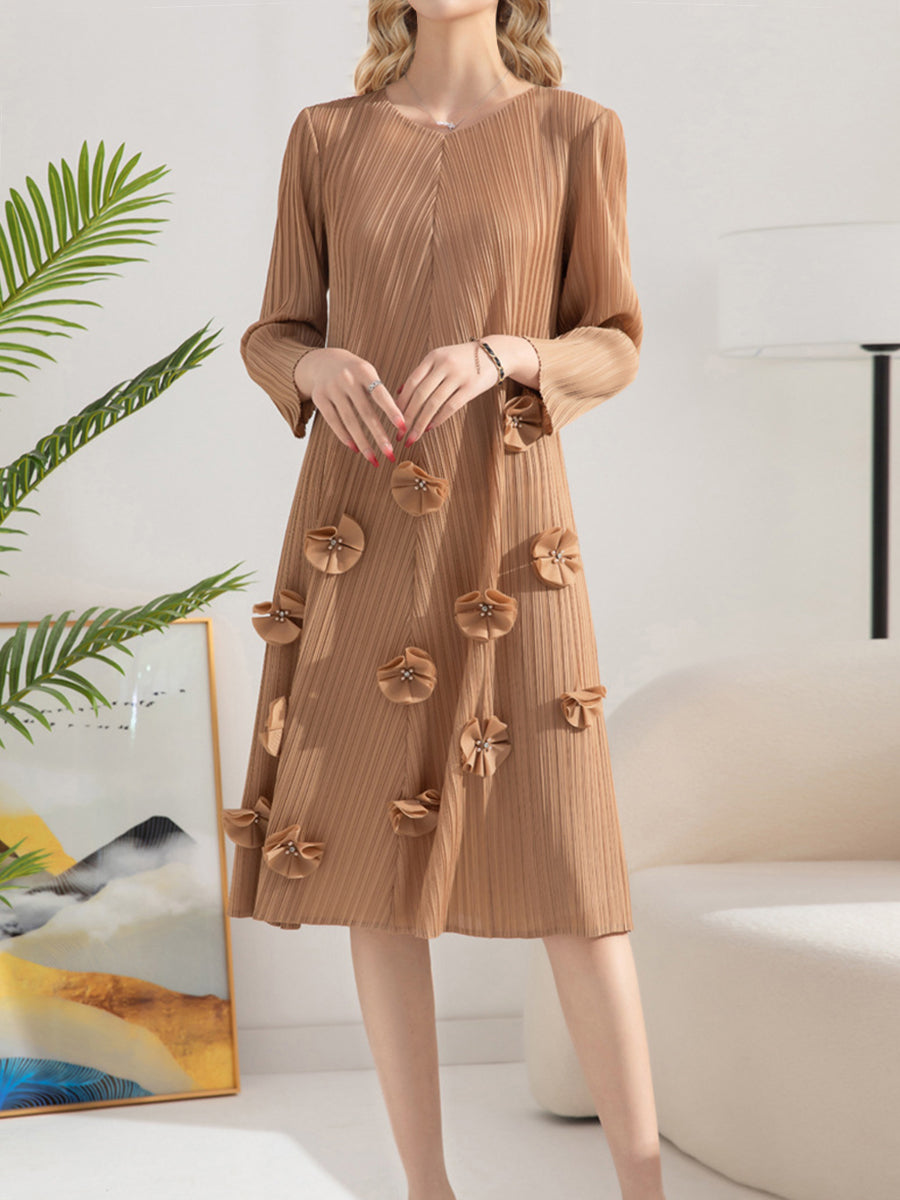 Dresses Pleated Solid Color V-Neck Nail Flower Loose Mid-length Midi Dress - LuckyFash™
