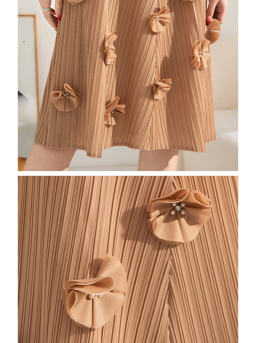 Dresses Pleated Solid Color V-Neck Nail Flower Loose Mid-length Midi Dress - LuckyFash™