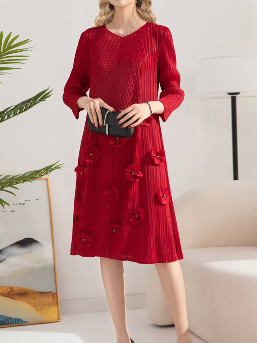 Dresses Pleated Solid Color V-Neck Nail Flower Loose Mid-length Midi Dress - LuckyFash™