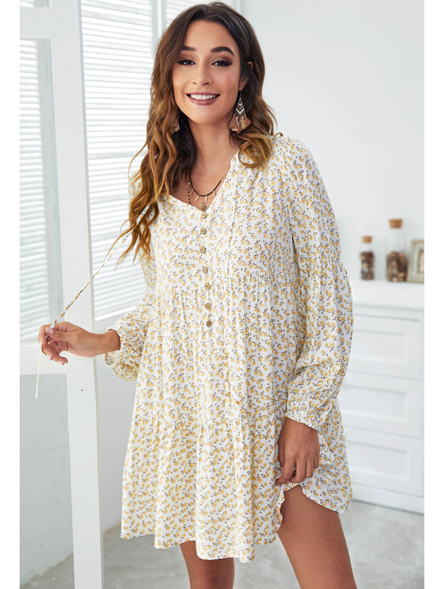 Dresses V-Neck Floral Printed Long Sleeve Button Casual Loose Mini Dress - LuckyFash™