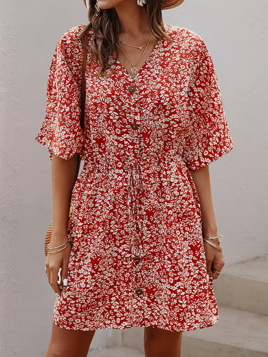 Dresses V-Neck Single-Breasted Button Printed Pattern Floral Mini Dress - LuckyFash™