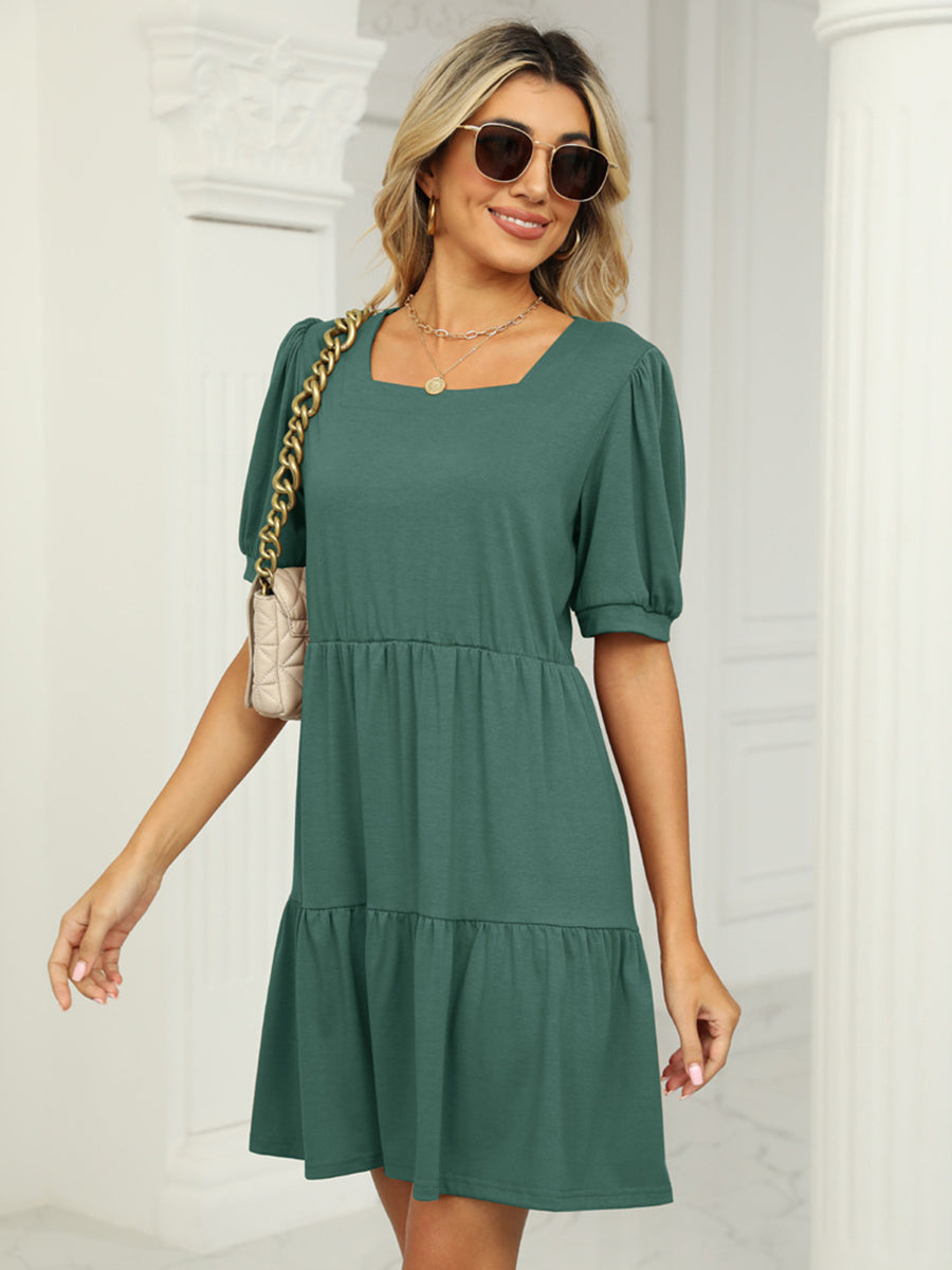 Dresses Solid Color Square Neck Short Sleeve Loose Stitching Mini Dress - LuckyFash™