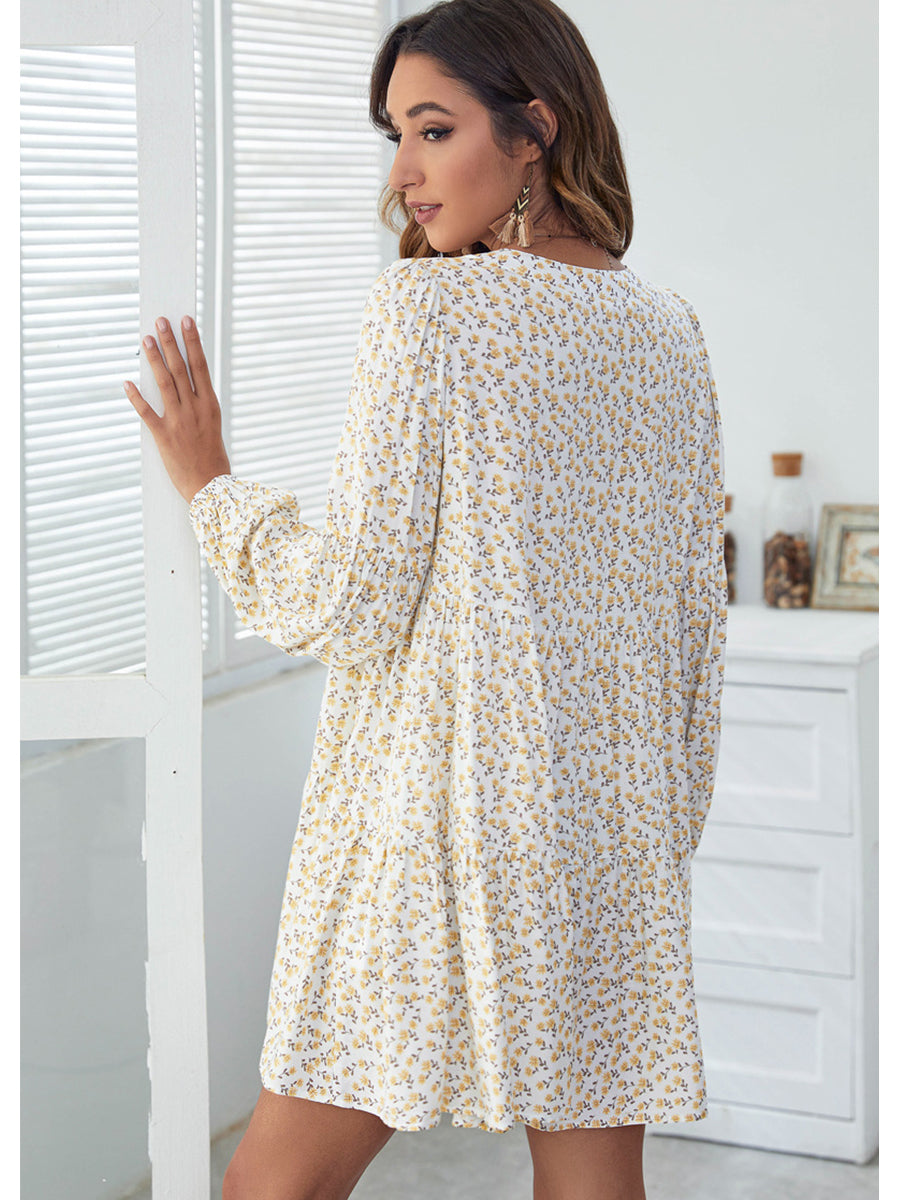 Dresses V-Neck Floral Printed Long Sleeve Button Casual Loose Mini Dress - LuckyFash™