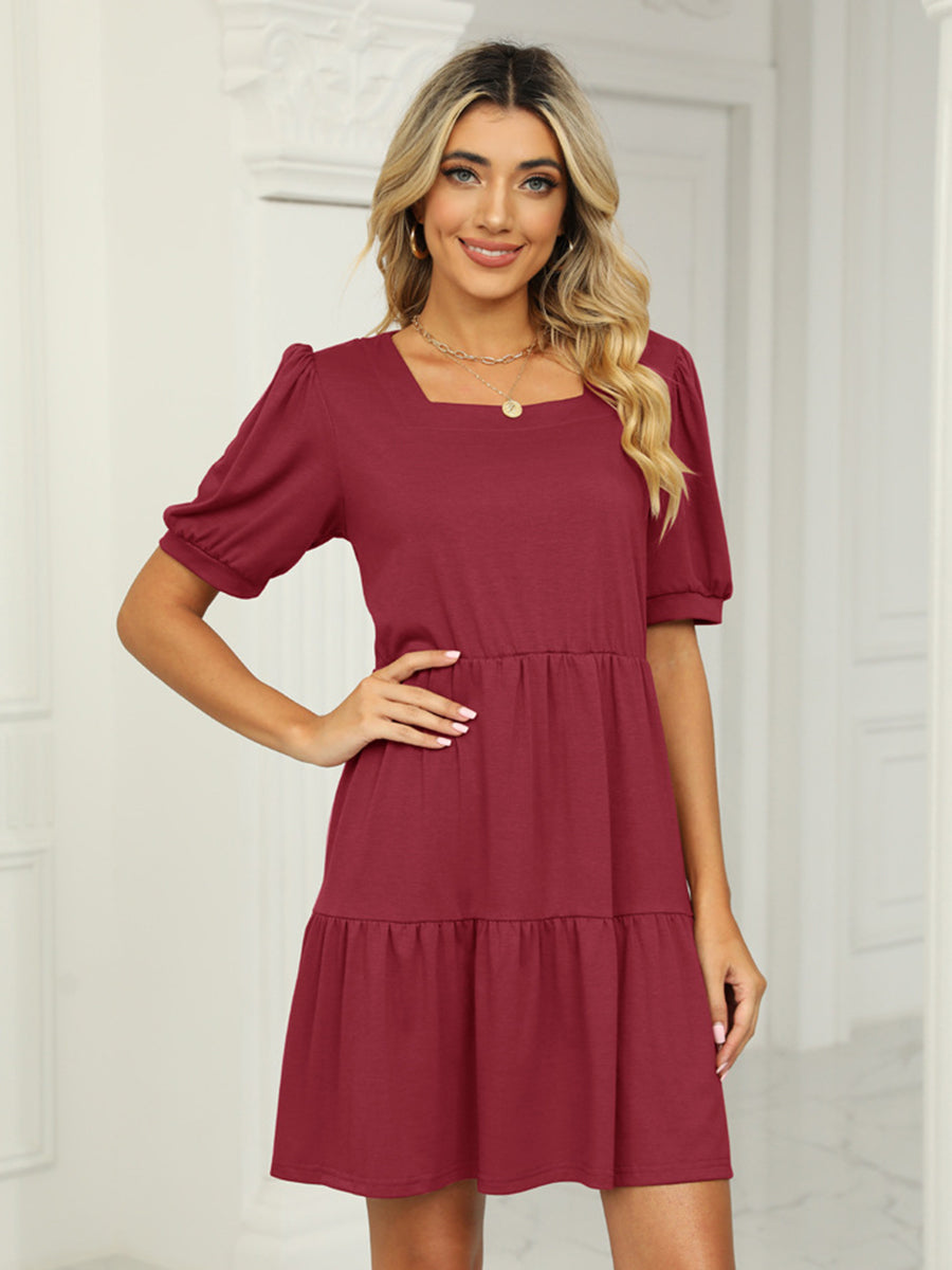 Dresses Solid Color Square Neck Short Sleeve Loose Stitching Mini Dress - LuckyFash™