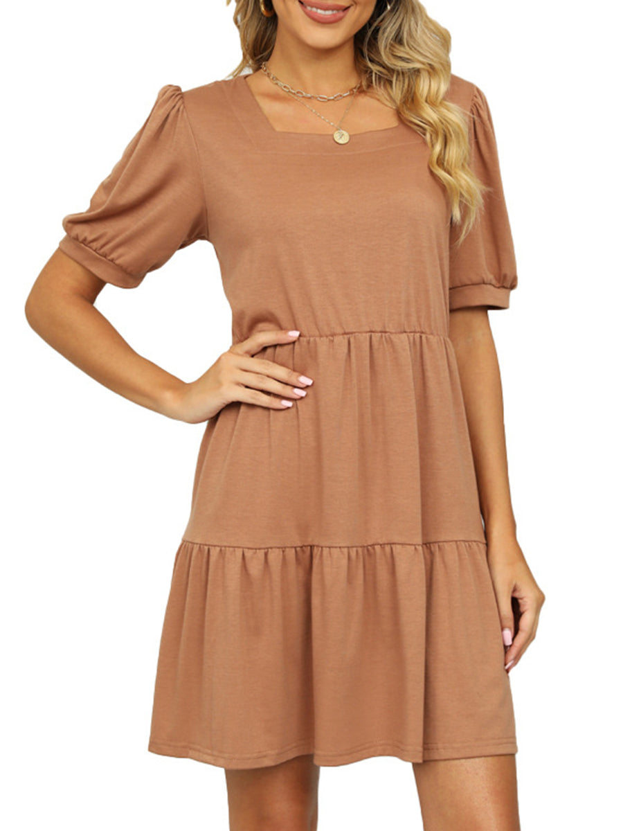 Dresses Solid Color Square Neck Short Sleeve Loose Stitching Mini Dress - LuckyFash™