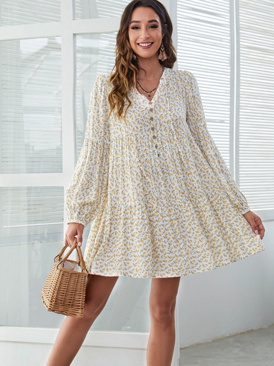 Dresses V-Neck Floral Printed Long Sleeve Button Casual Loose Mini Dress - LuckyFash™