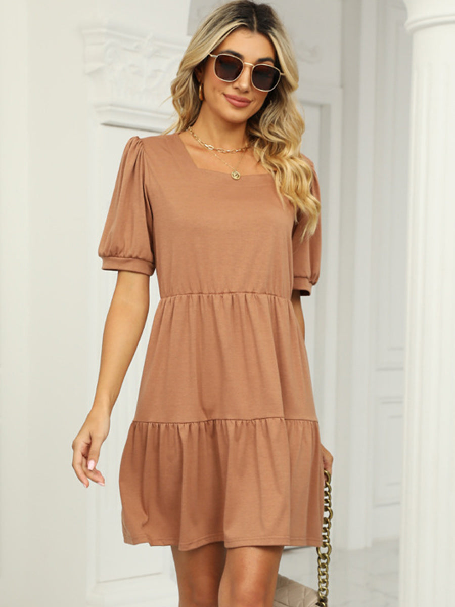 Dresses Solid Color Square Neck Short Sleeve Loose Stitching Mini Dress - LuckyFash™