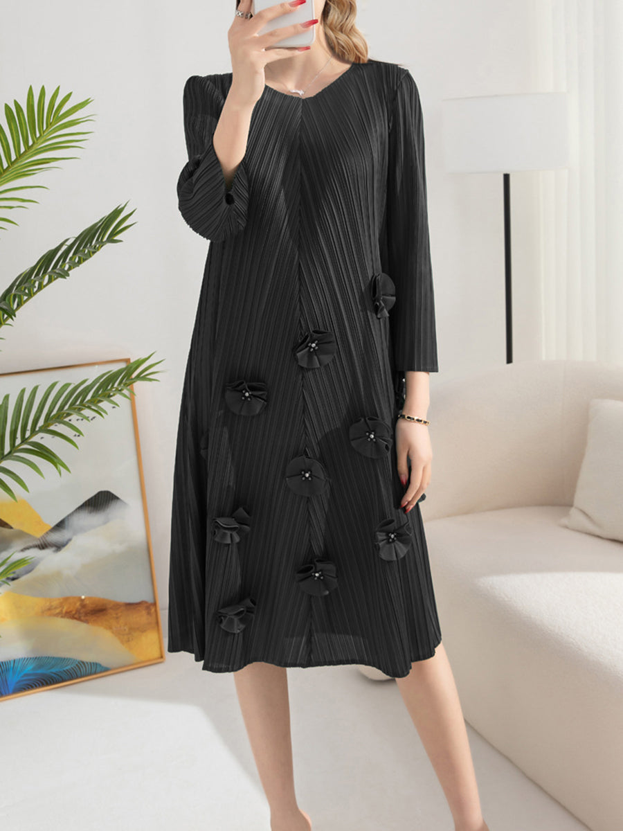 Dresses Pleated Solid Color V-Neck Nail Flower Loose Mid-length Midi Dress - LuckyFash™