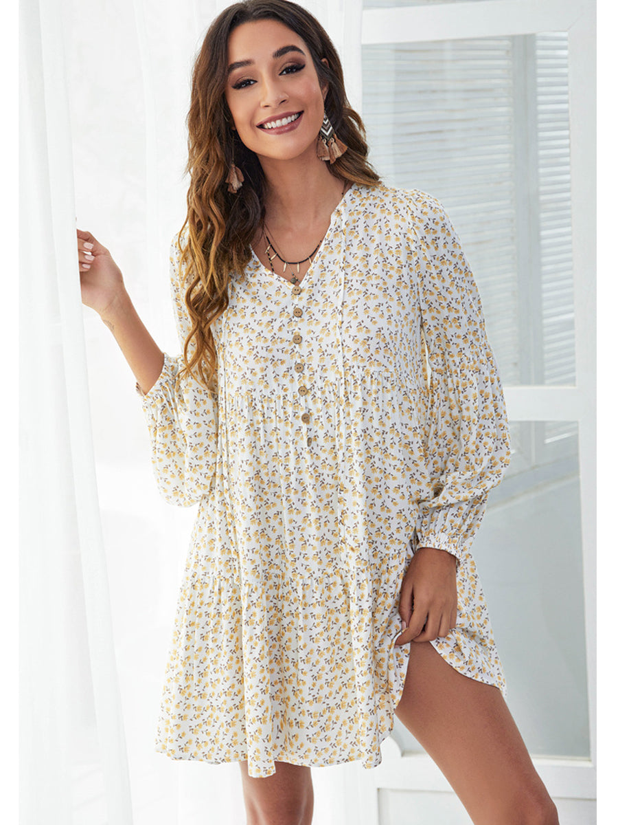 Dresses V-Neck Floral Printed Long Sleeve Button Casual Loose Mini Dress - LuckyFash™