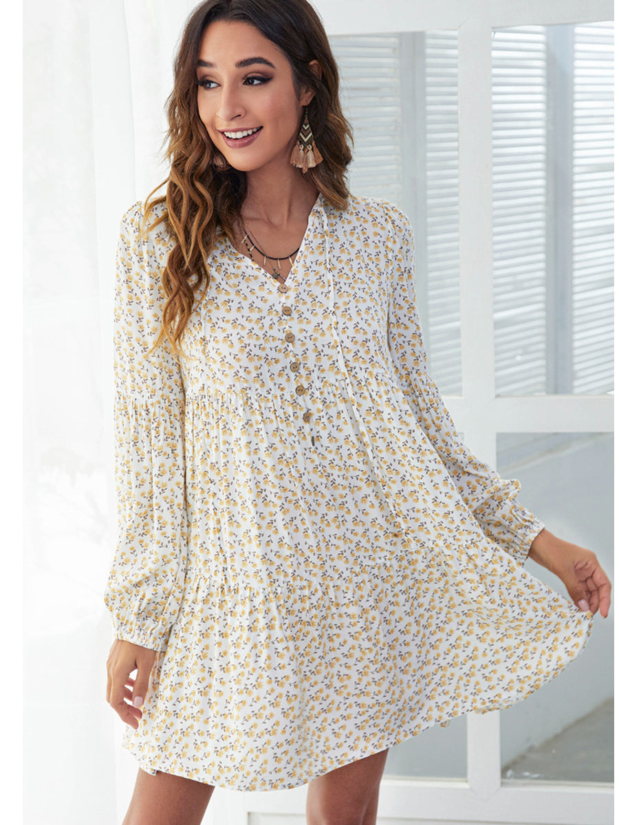 Dresses V-Neck Floral Printed Long Sleeve Button Casual Loose Mini Dress - LuckyFash™