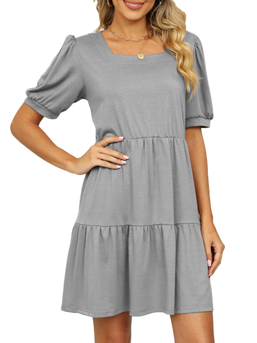 Dresses Solid Color Square Neck Short Sleeve Loose Stitching Mini Dress - LuckyFash™