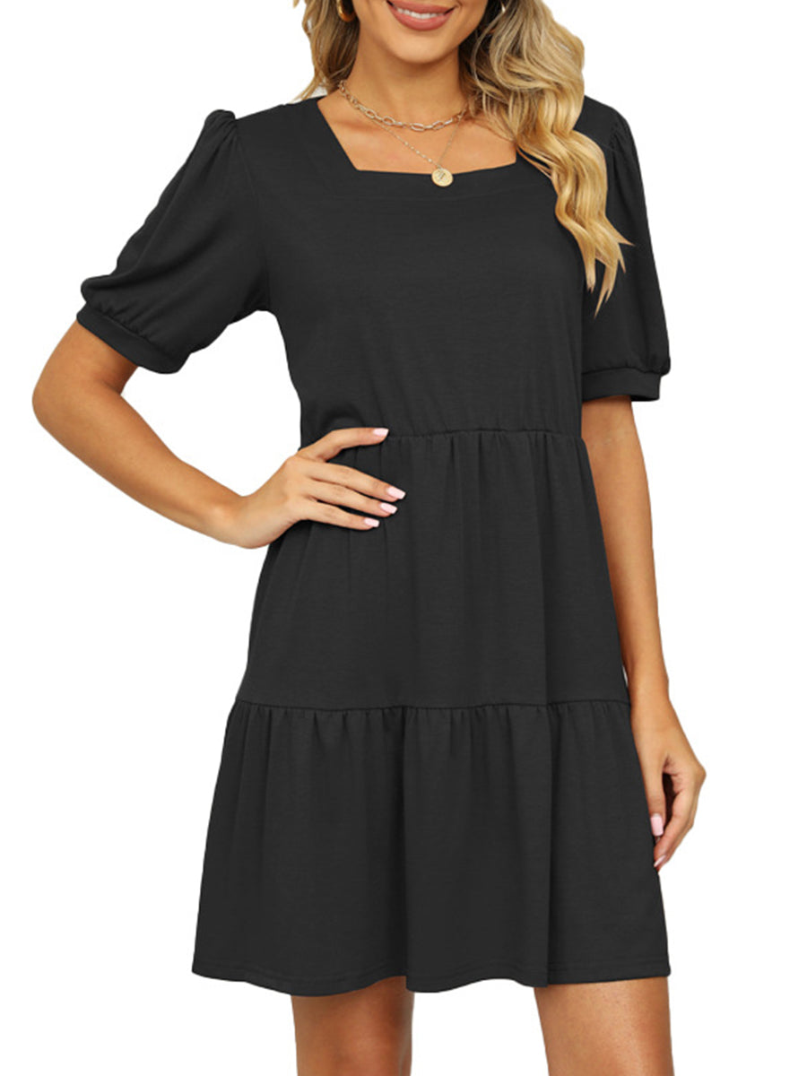 Dresses Solid Color Square Neck Short Sleeve Loose Stitching Mini Dress - LuckyFash™