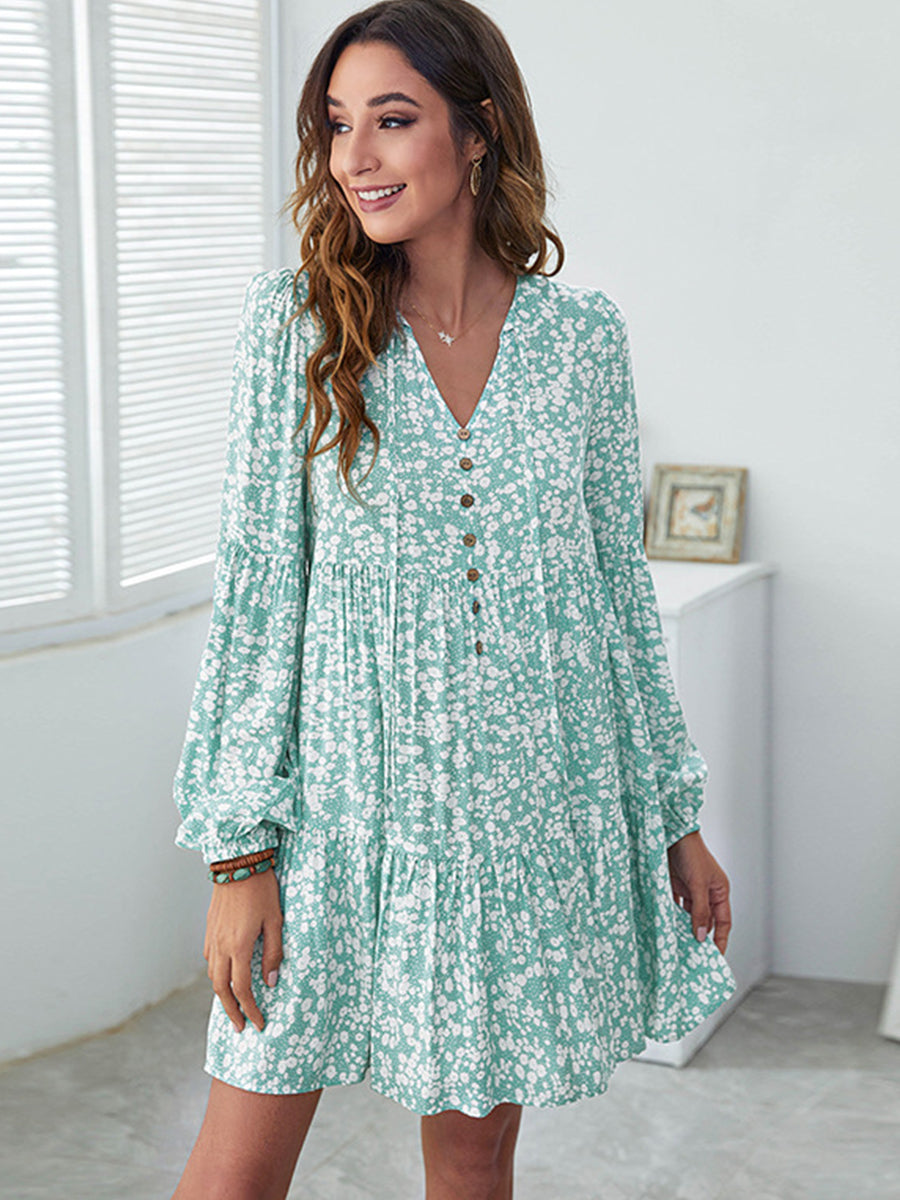 Dresses V-Neck Floral Printed Long Sleeve Button Casual Loose Mini Dress - LuckyFash™