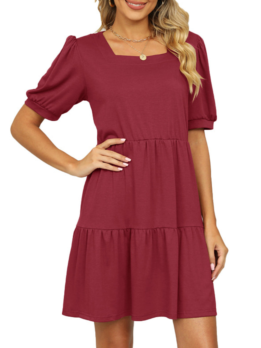 Dresses Solid Color Square Neck Short Sleeve Loose Stitching Mini Dress - LuckyFash™